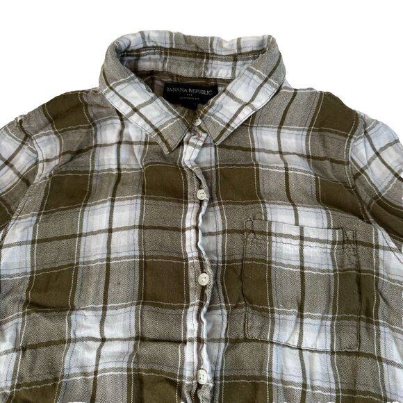 Banana Republic Factory Green/White Plaid Boyfriend Fit Button Down Pocket Small - Picture 8 of 11
